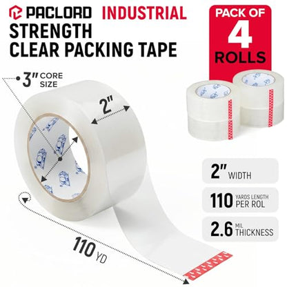 2" x 110 Yards Clear Packing Tape, Pack of 4 - Heavy-Duty 2.6 Mil Thick Carton Sealing Tape with Industrial Strength Adhesion for Packaging, Moving, or Shipping Boxes - size: 2" x 110 Yards, style: Pack of 4