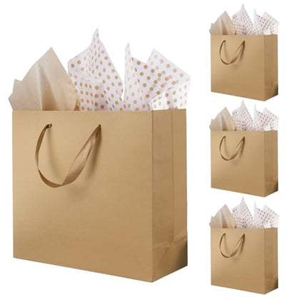 Plauthus 12.5" Brown Gift Bags, 4-Pack with Tissue Paper and Ribbon - color: brown-4-lager