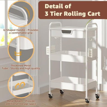 3 Tier Rolling Cart with Drawer, Metal Rolling Utility Cart on Wheels with Pegboard, Art Cart Storage Organizer with Tabletop for Living Room, Office, Bedroom (White) - color: White