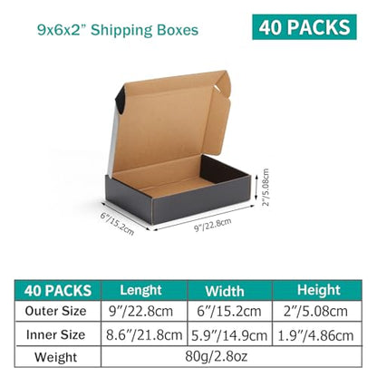 Hoikwo 40 Pack 9x6x2 Shipping Boxes for Small Business, Black Packaging Cardboard Boxes, Moving Mailing Packing Box - color: Black(Glossy), size: 9x6x2-40 Pack