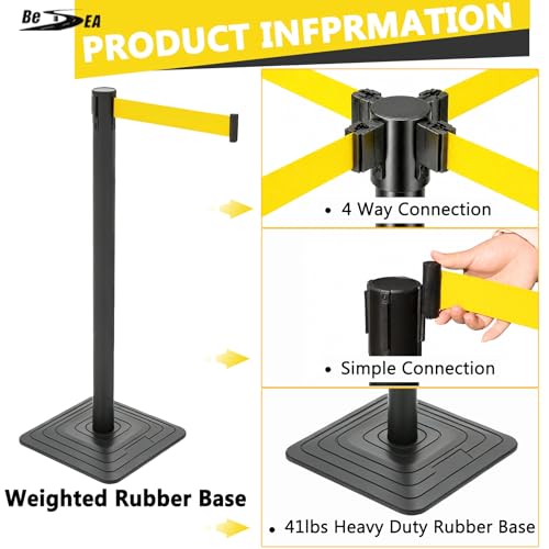 4 Pack Crowd Control Stanchions with 10FT Retractable Yellow Belt - color: Yellow Belt