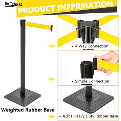 4 Pack Crowd Control Stanchions with 10FT Retractable Yellow Belt - color: Yellow Belt