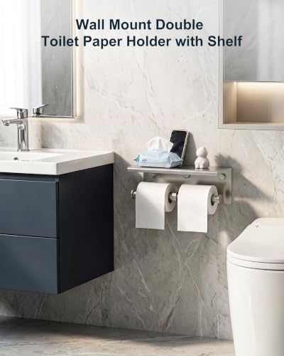 Double Toilet Paper Holder with Shelf Brushed Nickel Tissue Roll Holder - color: Brushed Nickel