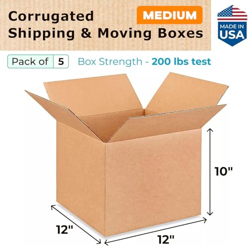 Medium Moving & Shipping Boxes 12 x 12 x 10 inches (5-Pack) - Extra Strength 200 lb vs Regular - Corrugated Durable Boxes for Packaging - Carton Box for USPS/FedEx - Medium Box by IDL Packaging - size: 12 * 12 * 10" (Medium Boxes)