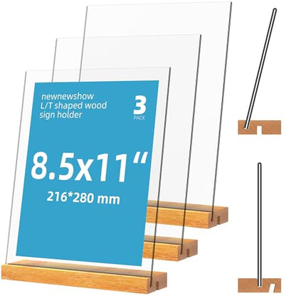 newnewshow 8.5"x11" Acrylic Sign Holder with Wood Base Wood Sign Holder Vertical or Slant Back Display for Store Office Wedding (3pack)