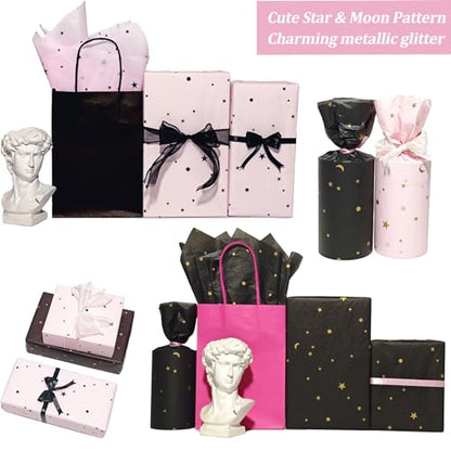 Tissue Paper, Metallic Moon and Star Gift Wrapping Tissue Paper for Gift Bags Bouquets, Chic Pink Black Packaging Materials for Birthday, Christmas Holiday DIY Art Projects,30 Sheets 20x14in - color: Black Pink 30P