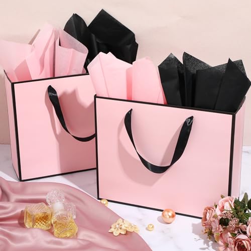 ReliThick 12 Pack Paper Gift Bag with Handles & Tissue, Pink, Black - color: Pink, Black