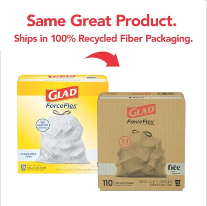 Glad ForceFlex Tall Kitchen Trash Bags, 13 Gallon, Fragrance Free, 110 Count (Package May Vary) - size: 110 Count (Pack of 1)