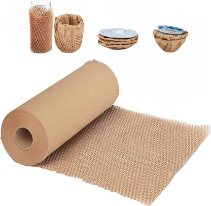 Honeycomb Packing Paper, 15"x300' Honeycomb Cushioning Bubble Wrap Paper Roll for Moving Shipping Breakables Packaging Gifts with 20 Fragile Sticker Biodegradable & Fully Recyclable Brown Kraft