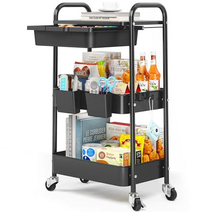 KINGRACK 3 Tier Metal Rolling Cart with Drawer, Black Utility Storage Cart - color: Black