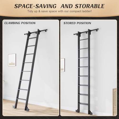 Fredbeck 9ft Black Library Aluminium Step Ladder 108" and 4FT Sliding Track - size: 108" Ladder + 4FT Hook Kit