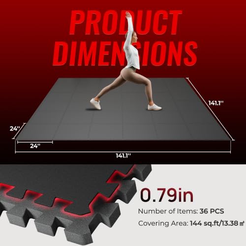 SUPERJARE 0.79'' Extra-Thick 36 Pcs 144 Sq Ft Exercise Equipment Mats - color: Black, size: 36 Tiles (144 Sq Ft)
