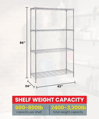 Quantum Storage Systems WR86-2442C Starter Kit for 86" High 4-Tier Wire Shelving Unit, Chrome Finish, 24" Width x 42" Length x 86" Height - size: 86H x 42W x 24D