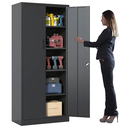 Metal Storage Cabinet for Garage, Tool Cabinet, Utility Cabinet - color: Black, size: L - 2 Doors & 5 Shelves (Wheelless)