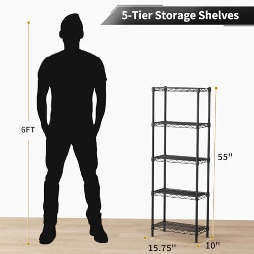 Golpart 5Tier Adjustable Storage Shelves Metal Wire Shelving Standing Shelf - color: Black, size: 5-tier-10"Dx16"Wx55"H