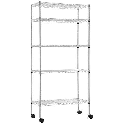 BestOffice | 5-Tier Wire Shelf with Wheels | 14" x 30" x 60" | Chrome - color: Chrome, size: 14L x 30W x 60H