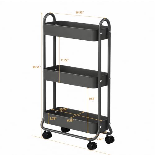 SunnyPoint Slim Rolling Storage Cart, 3 Tier Bathroom Storage Organizer Bathroom, Laundry Utility Cart (Grey) - color: Gray