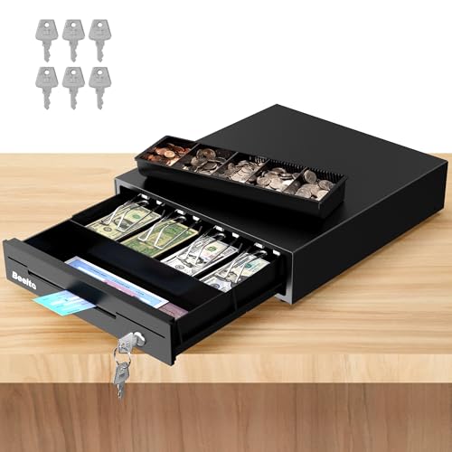 13" Cash Register Drawer for Small Business, 4 Bill/5 Coin with Check Slot, Steel Construction, Works with POS, Includes Keys & RJ11/12 Cable, Black - color: Black
