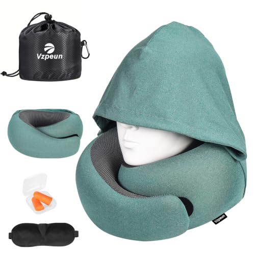 Travel Pillow - Hooded Neck Pillow Airplane Memory Foam Filling - color: Green