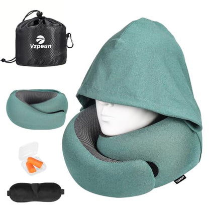 Travel Pillow - Hooded Neck Pillow Airplane Memory Foam Filling - color: Green