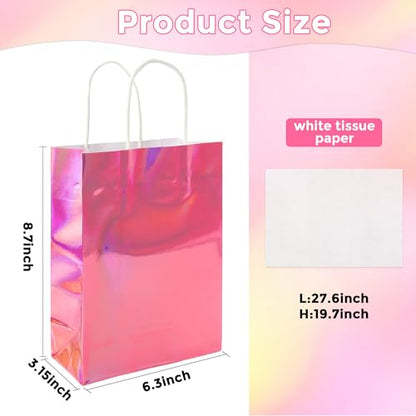 BLEWINDZ 32Pcs Small Paper Gift Bags with Tissues, Iridescent Party Favor Bags with Handles, Holographic Pink Gift Bag for Wedding Baby Shower Birthday Party Supplies - color: 11-Iridescent Pink-S