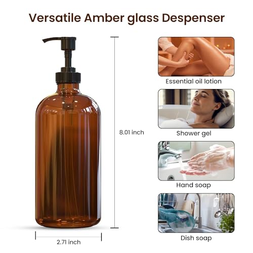 Sunrise Premium Amber Glass Soap Dispenser with Pump, 2 Pack - color: Black Plastic Pump - Amber Glass
