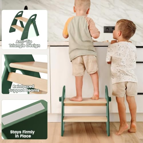 Step Stool for Toddlers, Foldable Wooden 2 Step Stool, Toddler Step Stool for Bathroom Sink & Potty Training, Kitchen Helper with Handles and Non-Slip Pads(Dark Green) - color: Dark Green