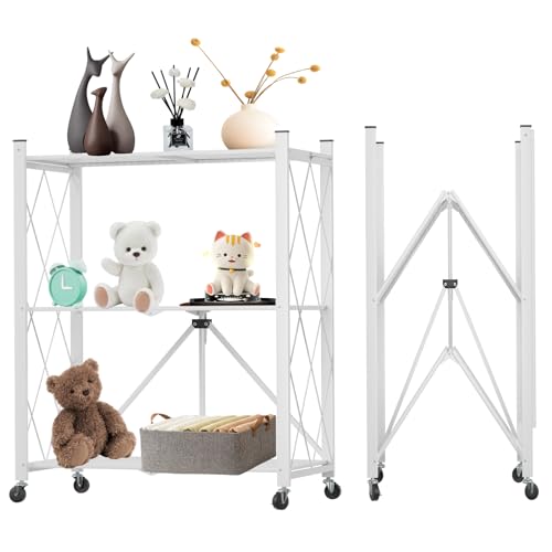 3 Tier Foldable Storage Shelf with Wheels Heavy Duty Garage Shelving - color: White, size: 3 Tier