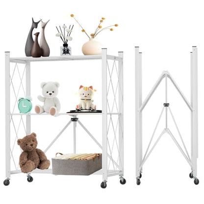 3 Tier Foldable Storage Shelf with Wheels Heavy Duty Garage Shelving - color: White, size: 3 Tier