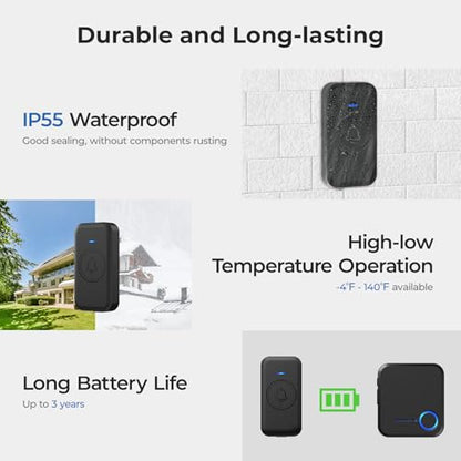 Wireless Doorbell 1000ft Range, Loud Waterproof Door Bell with 60 Melodies - color: Black-‎2 receiver +1 push button