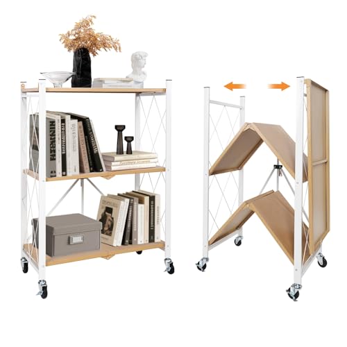 3 Tier Folding Shelf with Wheels, Metal Steel Collapsible Shelves - color: Natural, size: 3 Tier