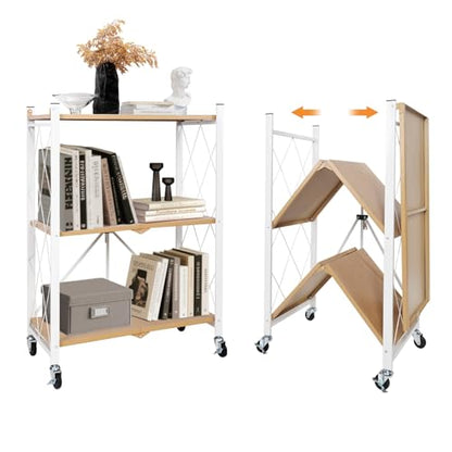 3 Tier Folding Shelf with Wheels, Metal Steel Collapsible Shelves - color: Natural, size: 3 Tier