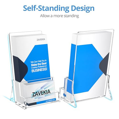 zavekia 2 Pack Acrylic Brochure Holder With business card holder, 4 x 9 inches Clear Acrylic Literature Holder Plastic Flyer Display Stand