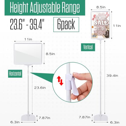 Jutom 6 Pcs Adjustable Pedestal Stand Holder 8.5 x 11 Inch Heavy Duty Aluminum Sign Holder Vertical and Horizontal Sign Poster Stands Floor Standing Display for Advertisement Menu Display (White) - color: White