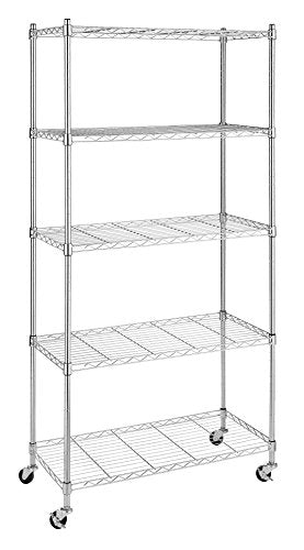 Whitmor 5 Tier Shelving Unit, Adjustable Storage Shelves with Wheels, 400 lbs Capacity per Shelf, Max 2000 lbs Total for Pantry, Kitchen, Garage, 30" L x 14" W x 60" H, Chrome - color: Silver, size: 5-TIER, 30"L x 14"W x 60"H (With Wheels)