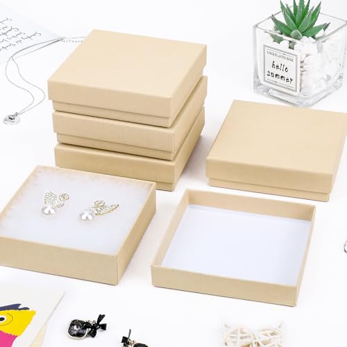 Cardboard Jewelry Gift Boxes, 20 Pack 3.5x3.5x1 Inch, Bulk Cotton Filled Small Jewelry Boxes with Lids for Necklace Ring Bracelet Earring Display Box (Brown) - color: Brown, size: 3.5x3.5x1 Inch (Pack of 20)