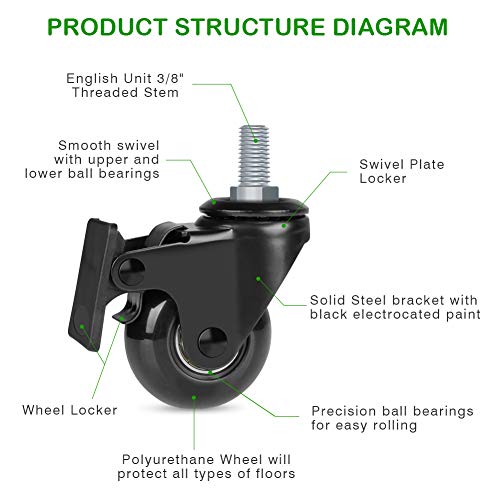 Hirate 2 inch Threaded 3/8"-16UNC Stem Swivel Casters with Locking Wheel - size: 2 inch