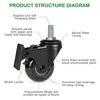 Hirate 2 inch Threaded 3/8"-16UNC Stem Swivel Casters with Locking Wheel - size: 2 inch