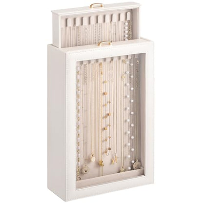 Lolalet Necklace Organizer Box, Jewelry Display Case, White, 2 Layers - color: White, size: 2 Layers, 20 Hooks