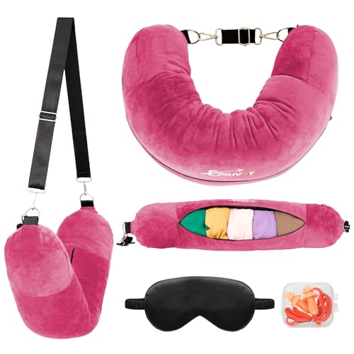 Travel Neck Pillow Stuffable with Clothes, Stuffable Travel Pillow - color: Pink