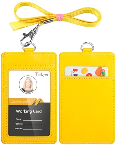 Teskyer Leather ID Badge Holder with Lanyard, Vertical Bright Yellow - color: Bright Yellow, size: Vertical