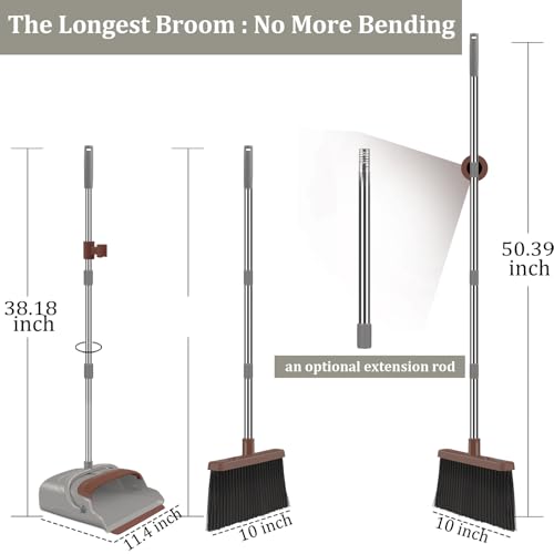 Upgrade Broom and Dustpan Set, Self-Cleaning with Dustpan Teeth, Ideal for Dog Cat Pets Home Use, Super Long Handle Upright Stand Up Broom and Dustpan Set (Brown) - color: Brown-02