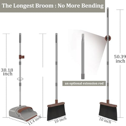 Upgrade Broom and Dustpan Set, Self-Cleaning with Dustpan Teeth, Ideal for Dog Cat Pets Home Use, Super Long Handle Upright Stand Up Broom and Dustpan Set (Brown) - color: Brown-02
