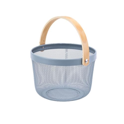 AJIODA Metal Mesh Steel Wire Basket, Round Storage Organizer Basket with Wooden Handle Multi-functional Hanging Kitchen Baskets Fruit Baskets for Kitchen Bathroom Picnic Decor Cabinet Home, Blue - color: Blue