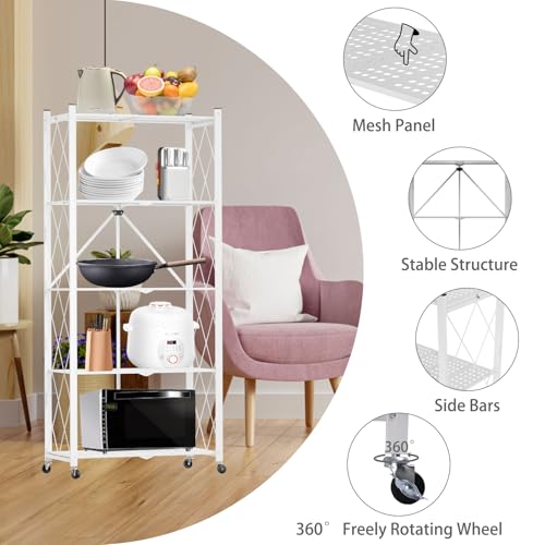 5-Tier Folding Shelf with Wheels No Assembly Portable Shelves - color: White, size: 5 Tier