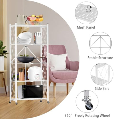 5-Tier Folding Shelf with Wheels No Assembly Portable Shelves - color: White, size: 5 Tier