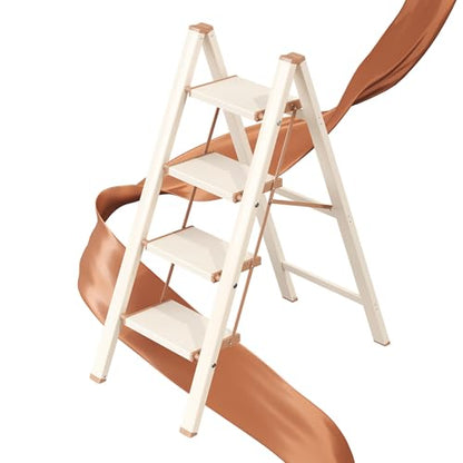4 Step Ladder, Foldable Aluminum Step Stool with Anti-Slip Pedal - color: Cream Chocolate, size: 4 Step