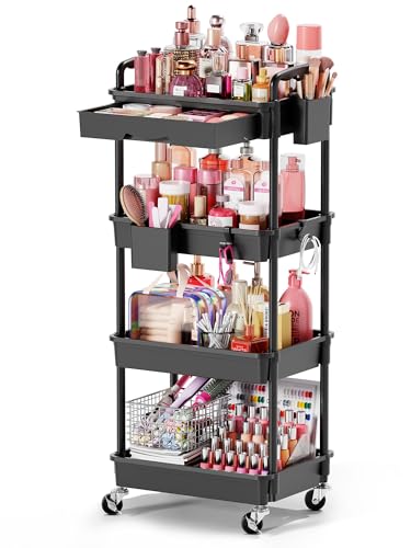Goovilla Rolling Makeup Organizer Cart with Removable Drawer, 4 Tier Black - color: Black, size: 4 Tier