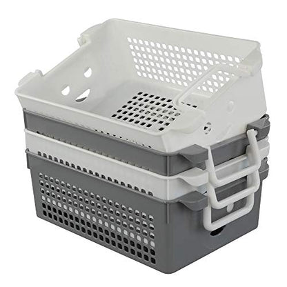Stackable Plastic Storage Baskets with Handles, Set of 4(White, Grey) - size: stacking baskets