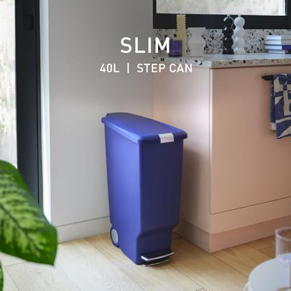 simplehuman Slim Step Can, 40L / 10.6 Gallon Space-Efficient Kitchen Trash Can, Studio Edition, Pet-Proof Slide Lock, 150,000-Step Pedal, Wheels, Indigo Plastic - color: Indigo